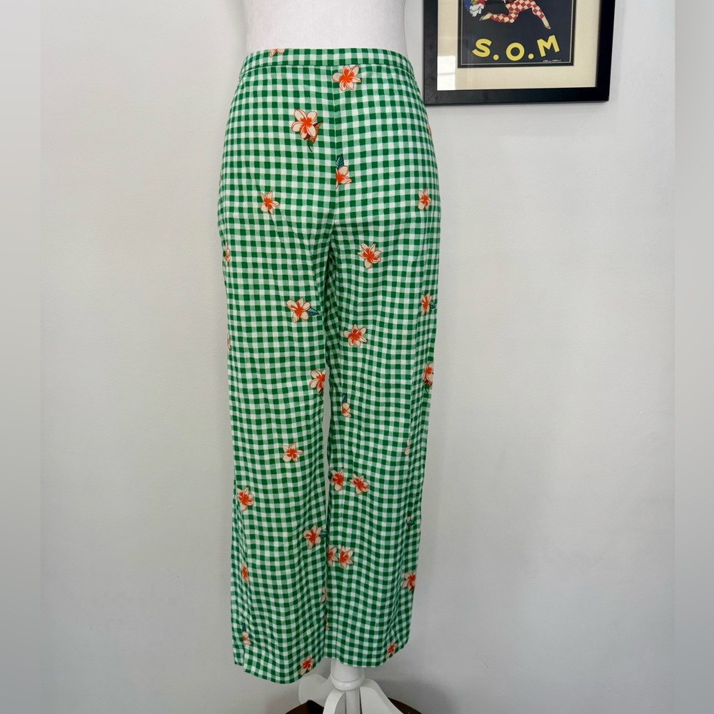 Designer Tara Jarmon Paris Green Gingham Floral Print Trousers
